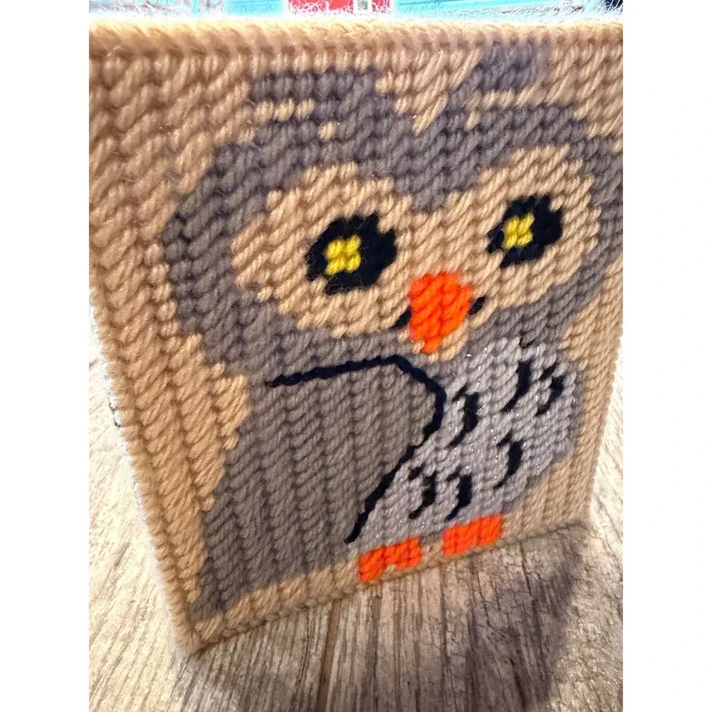 Needlepoint Tissue Box Cover Owl Moon Plastic Canvas Handmade Home Halloween